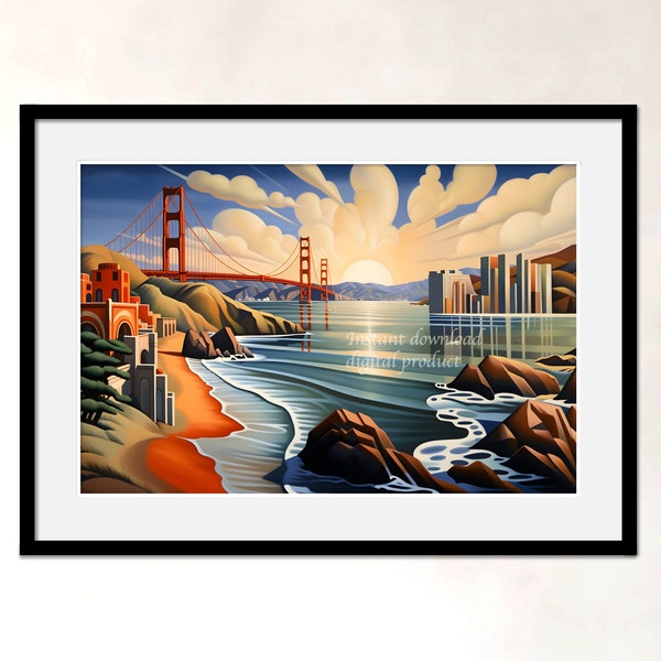 Golden Gate Bridge - Peinture imprimable d’art - Paysage poétique - Art déco - Inspiré par Tamara de Lempicka - San Francisco, Californie