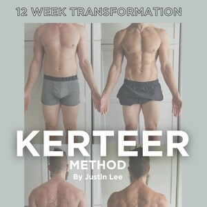 May include: Before and after photos of a person's 12-week transformation using the Kerteer Method by Justin Lee. The text "Time-Restricted Eating. Efficient Exercise. Recurring Keto." is at the bottom of the image.