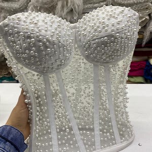 White Pearl Mesh Corset Top,Sheer Bustier with Beaded Details, Bridal Corset, Luxury Couture Corset, Festival or Wedding Look