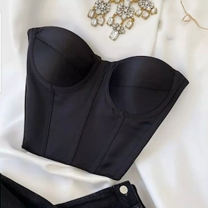 Black Satin overbust Corset with cups bustier