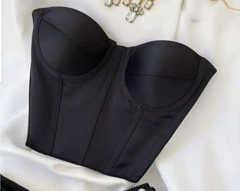 Corset court noir, haut court en satin,