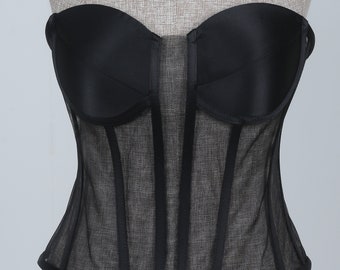 Corset noir transparent, corset de mariée, corset en tull noir