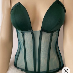 Dark Green Structured Mesh Corset, Underbust Bustier,Transparent Boned Bodice for Women