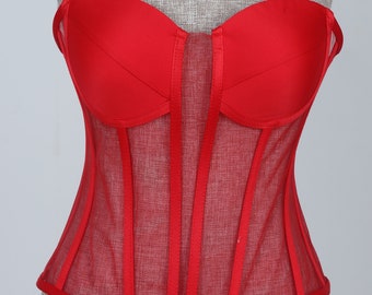 Corset rouge transparent, corset de mariée, corset en tull rouge