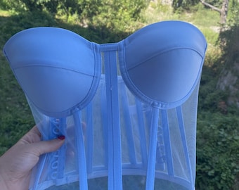 Baby Blue Mesh Corset, Sheer Bustier Crop Top