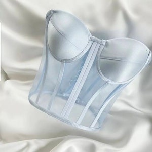 May include: A light blue satin and mesh corset top with boning and a hook and eye closure.