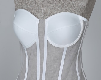 Corset blanc transparent, corset de mariée, corset en tull blanc, corset pour femme