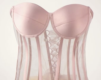 Pink Mesh Corset, Strapless Bridal Bustier, Elegant Waist Cincher