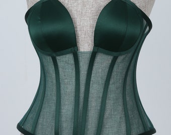 Dark Green Corset, Green Corset , Green Crop Tops,Transparent Corset