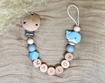 Schnullerkette mit Namen personalisiert Blau Junge Wal Holz Silikon bpa frei personalisierte Babygeschenke Taufe Geburt Handmade