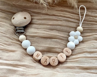 Pacifier chain personalized with name white girl flower wood silicone bpa free personalized baby gifts baptism birth handmade