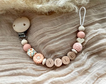 Schnullerkette mit Namen personalisiert Rosa Mädchen Herz Blume Holz Silikon bpa frei personalisierte Babygeschenke Taufe Geburt