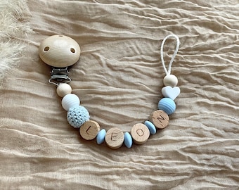 Pacifier chain personalized with name blue boy wood silicone bpa free personalized baby gifts gifts baptism birth