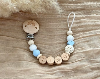 Pacifier chain with name personalized blue white boy heart rainbow wood silicone bpa free personalized baby gifts baptism birth