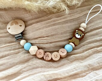 Schnullerkette mit Namen personalisiert Blau Junge Löwe Regenbogen Holz Silikon bpa frei personalisierte Babygeschenke Taufe Geburt