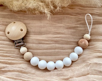 Schnullerkette Schlicht Regenbogen Mädchen Junge Weiß Beige Holz Silikon bpa frei personalisierte Babygeschenke Taufe Geburt