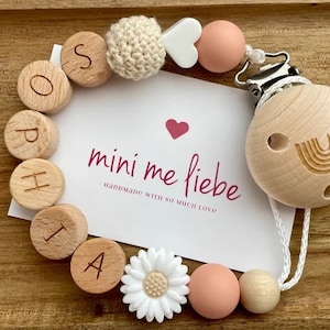 Schnullerkette mit Namen personalisiert Rosa Mädchen Herz Blume Regenbogen Holz Silikon bpa frei personalisierte Babygeschenke Taufe Geburt