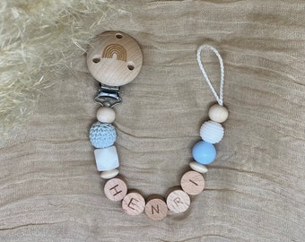 Fopspeenketting gepersonaliseerd met naam blauwe jongen hout siliconen bpa-vrij gepersonaliseerde babycadeaus doop geboorte handgemaakt