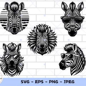 Op de afbeelding: Vijf zwart-witte illustraties van zebrakoppen. Eén zebra draagt een zonnebril. Eén zebra bevindt zich in een cirkel met een gestreepte achtergrond. De tekst "5 Digital File" bevindt zich in de rechterbovenhoek van de afbeelding. De tekst "SVG - EPS - PNG - JPEG" bevindt zich onderaan de afbeelding.