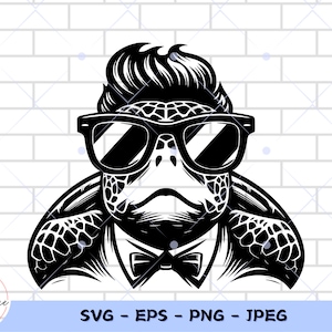 May include: A black and white illustration of a turtle wearing sunglasses and a bow tie. The turtle has a mohawk hairstyle.