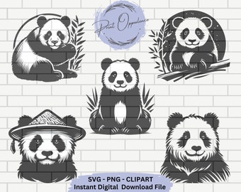 Panda SVG  files for Cricut Panda Clipart Black and White Instant Download Panda Silhouette for stickers, Panda PNG Animals Clipart