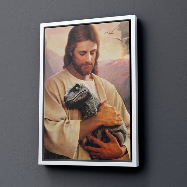 Jesus Love And Protect The Raptor Baby Treasure Canvas on Poster Print,  Dinosaur Lovers Gift, Christian Gift, Baby Dinosaurs Wall Art