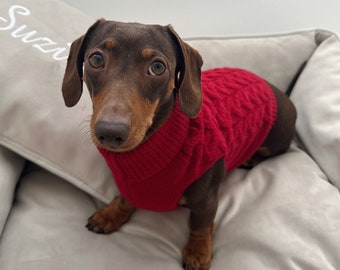 May include: A brown and tan dachshund wearing a red knitted sweater, sitting on a gray dog bed.