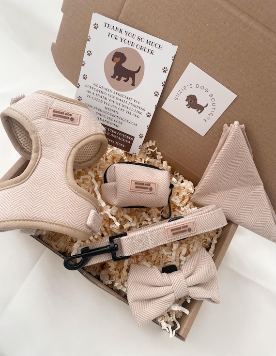 Beige Herringbone Dog Harness Set: Harness Lead Bowtie Bandana & Waste bags Adjustable to fit all dogs. Gift for pets
