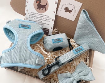 Arnés para perro con diseño de espiga azul: ajustable, con correa, pajarita y bolsa para desechos, diseñado por Suzies Boutique. Arnés apto para todo tipo de perros.