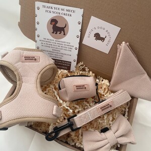 Puede incluir: Un conjunto de accesorios para mascotas en una caja de cart&oacute;n, que incluye un arn&eacute;s, correa, porta bolsas, pajarita y pa&ntilde;uelo triangular en color beige con patr&oacute;n de espiga. Cada art&iacute;culo tiene una etiqueta con el nombre Suzie's Dog Boutique.