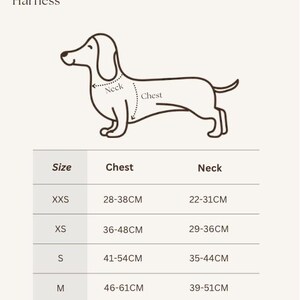 Puede incluir: Una tabla de tallas para arn&eacute;s de perro con un dibujo lineal de un perro salchicha que indica las medidas del cuello y el pecho. La tabla enumera las tallas de XXS a M con las medidas correspondientes en cent&iacute;metros. El texto dice Sizing Chart, Harness y Suzie's Dog Boutique.