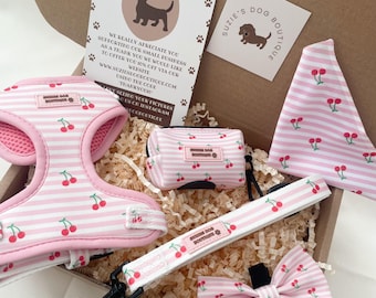 Arnés para perros Cherry Blossom: arnés a rayas, correa, lazo y bolsa para desechos. Regalo ideal para perros.