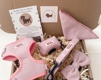 Arnés para perro con diseño de espiga rosa: pajarita, correa y bandana para bolsa de desechos (tallas XXS-L), correa de pecho totalmente ajustable.