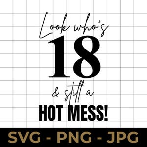 Mira quién tiene 18 y sigue siendo un desastre SVG, divertido archivo de corte de 18 cumpleaños, PNG, JPG, diseño imprimible para proyectos de Cricut y Silhouette