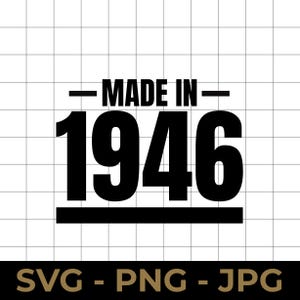 May include: Black and white graphic with the text "MADE IN 1946" in a bold, sans-serif font. Below the text is a horizontal black bar. At the bottom of the image, the text "SVG - PNG - JPG" is displayed in gold.