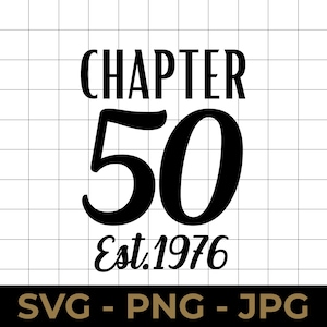 May include: A black and white graphic design featuring the text "CHAPTER 50 Est. 1976". The number 50 is prominently displayed. The bottom of the image reads "SVG - PNG - JPG". The background is a white grid.