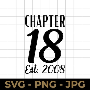 May include: A black graphic design featuring the text CHAPTER 18 Est. 2008 in a combination of sans-serif and script fonts. The design is centred on a white grid background with a black horizontal bar at the bottom containing the text SVG - PNG - JPG.