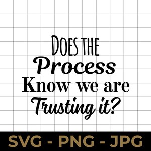 May include: A digital graphic design featuring the black text Does the Process Know we are Trusting it? centered on a white grid background. At the bottom, the text SVG - PNG - JPG appears in a bold, sans-serif font against a solid black bar.