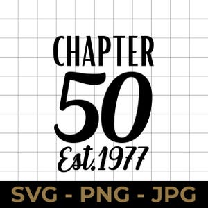 Puede incluir: Un diseño gráfico negro sobre un fondo de cuadrícula blanco que presenta el texto CHAPTER en fuente sans-serif, el número grande 50 en fuente serif negrita y el texto Est. 1977 en fuente cursiva. La parte inferior incluye SVG - PNG - JPG.