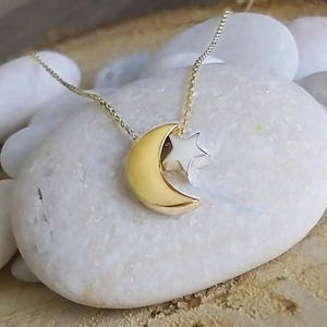 Solid Gold Moon Star Necklace, 14K Gold Crescent Star Jewellery For Women, 18K Boho Style Pendant, 10K Gold Charm Crescent Star Necklace