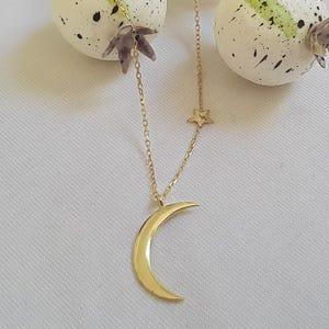 Solid Gold Moon Star Necklace, 14k Gold Crescent Star Jewellery For Women, 18k Sky boho Style Pendant, 10k Gold Charm Crescent Necklace