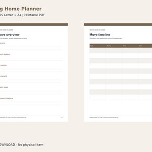 Flyttplanerare utskrivbar PDF, odaterade planeringsblad, US Letter och A4