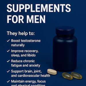 Könnte beinhalten: Eine marineblaue Grafik mit weißem Text, der „TOP 10 SUPPLEMENTE FÜR MÄNNER“ lautet. Das Bild enthält auch eine dunkelblaue Ergänzungsflasche, eine beige ovale Tablette und zwei gelbe Weichgelkapseln. Der Text unten listet Vorteile auf.