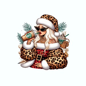 Chica de Navidad con gorro de Papá Noel, Png, Chica de moda con gorro de Papá Noel, Leopardo, Retro Santa Png, Clipart de mujeres de Navidad, Descarga digital