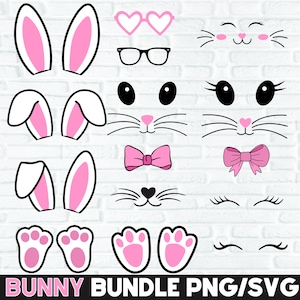 Lot de 15 visages de lapin SVG et png, SVG de Pâques, ensemble de visages de lapin de Pâques, lapin de Pâques, lapin de Pâques Svg et png, fichiers de coupe de lapin pour Cricut, tendance.