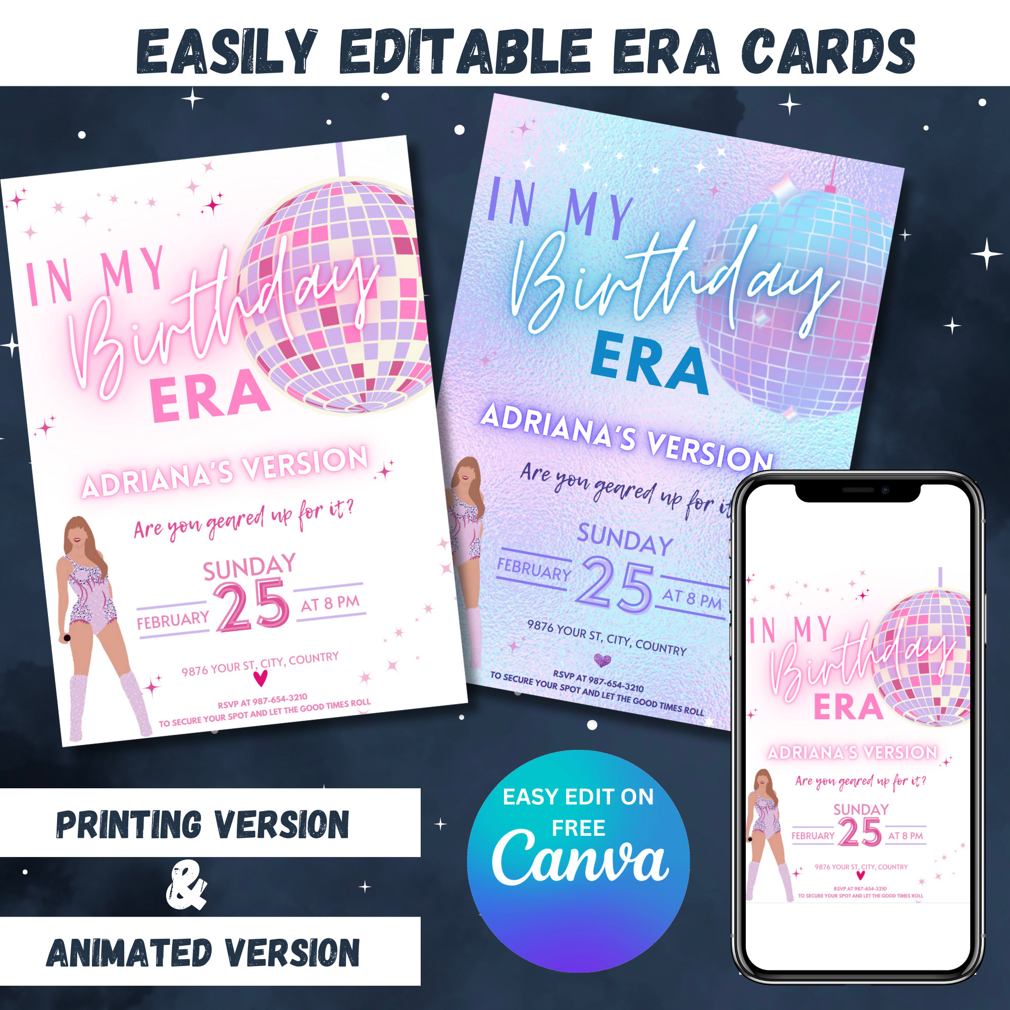 Taylo Swif ERAS TOUR Editable Birthday Card,  Swiftie Pink Birthday Card, Taylo Swift Bday Card, Printable Birthday Cards, Taylo Swift Eras.