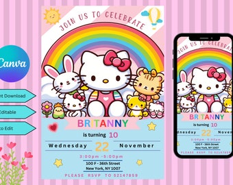 Invitation d'anniversaire mignon chaton et ses amis, invitation de fête d'anniversaire arc-en-ciel, kitty kawaii, invitation enfant, anniversaire lapin, texte modifiable inviter