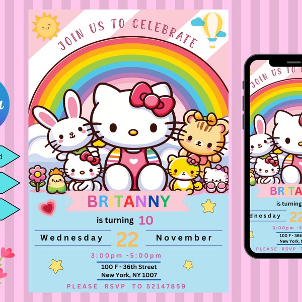 Cute Kitty and Friends Birthday Invitation, Rainbow Birthday Party Invitation, Kawaii Kitty, Kid Invite, Bunny Birthday,Editable Text Invite