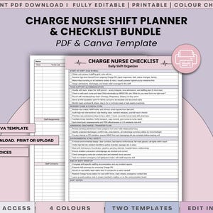 Puede incluir: Una plantilla digital en PDF y Canva para un paquete de planificador de turnos y lista de verificación para enfermeras encargadas. El documento incluye una lista de verificación, con el texto "Charge Nurse Checklist Daily Shift Organizer". El diseño es en tonos de rosa y morado.