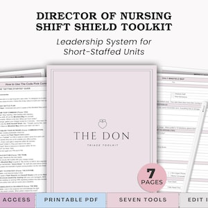 Op de afbeelding: Een Director of Nursing Shift Shield Toolkit met de tekst "Leadership System for Short-Staffed Units". De cover is lichtroze met de tekst "THE DON TRIAGE TOOLKIT". De toolkit bevat 7 pagina's en is direct beschikbaar, als printbare PDF, met zeven tools en kan worden bewerkt in Canva.
